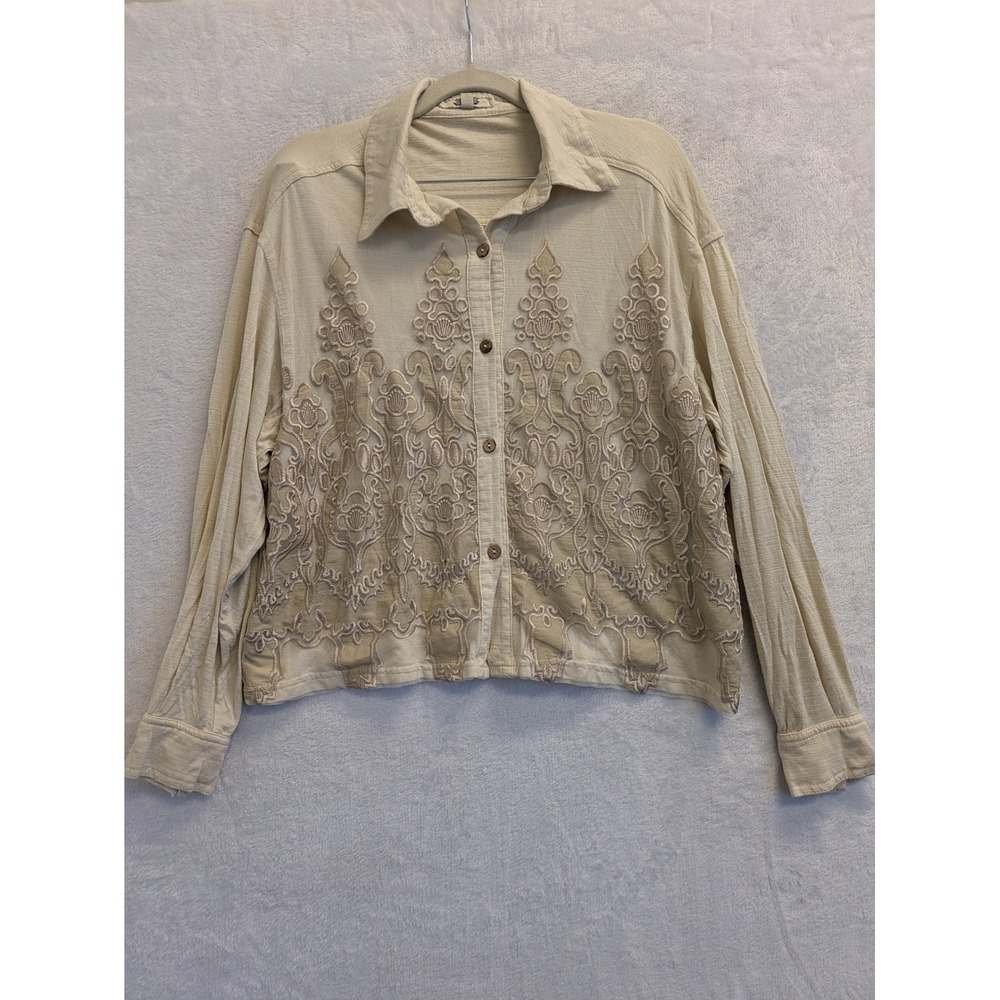 Gimmicks Embroidered Top Button Up Long Sleeve Beige Womens Size S